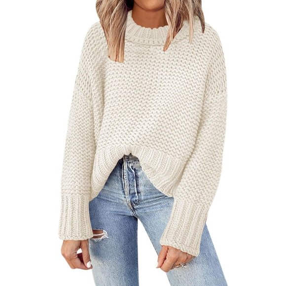 Women's Crewneck Chunky Knit  Batwing Long Sleeve Loose Pullover Sweaters Tops - Picture 1 of 6